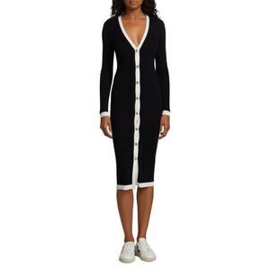 Alice + Olivia Women's Black White Alcina Ribbed Knit Sweater Dress Large NWOT